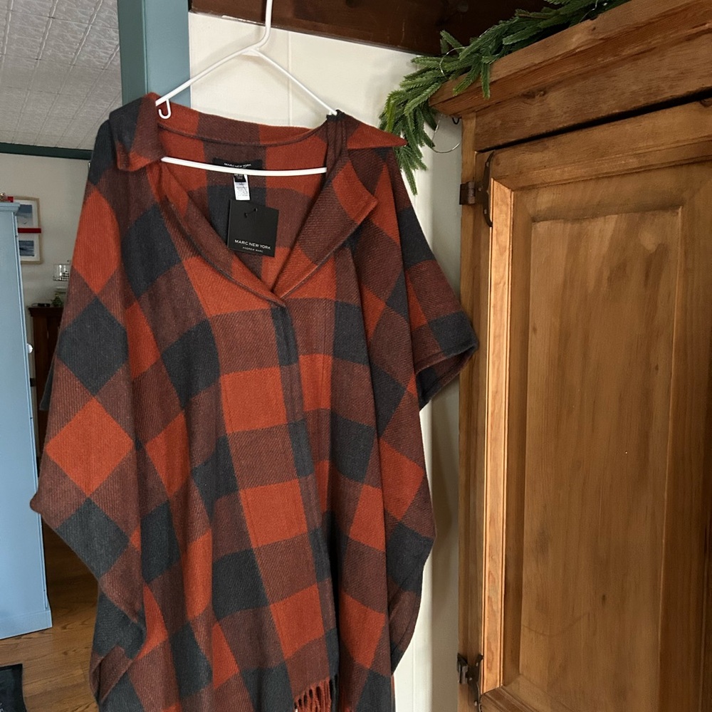 Marc New York Checkered Poncho in Rust and Charcoal